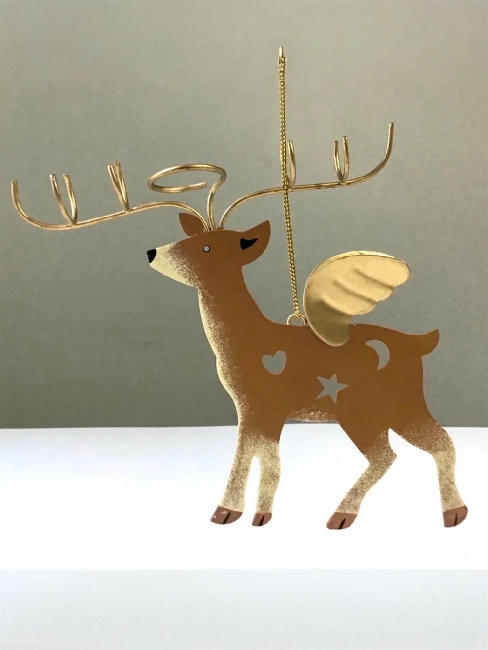 Reindeer Christmas Ornament Gold Wings Cut-Outs Whimsical Folk Art Rustic Deer
